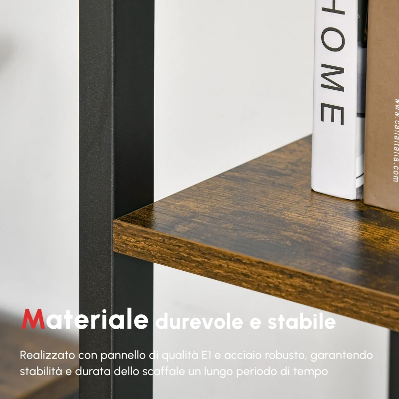 HOMCOM Libreria Stile Industriale a 5 Scaffali in Legno e Acciaio, 40x30x154cm, Marrone Rustico