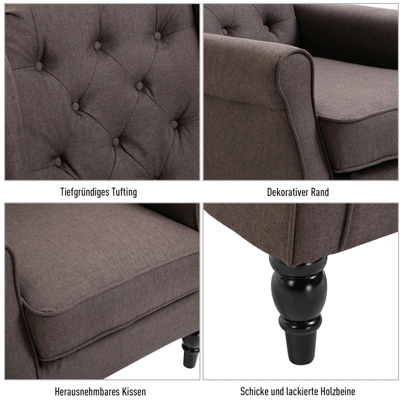 HOMCOM Ohrensessel Sessel mit Tufting, hoher Rückenlehne, Gepolstert Loungesessel mit abgerundeten Armlehnen, Holzbeine, für Schlafzimmer, Wohnzimmer, bis 160 kg, Braun