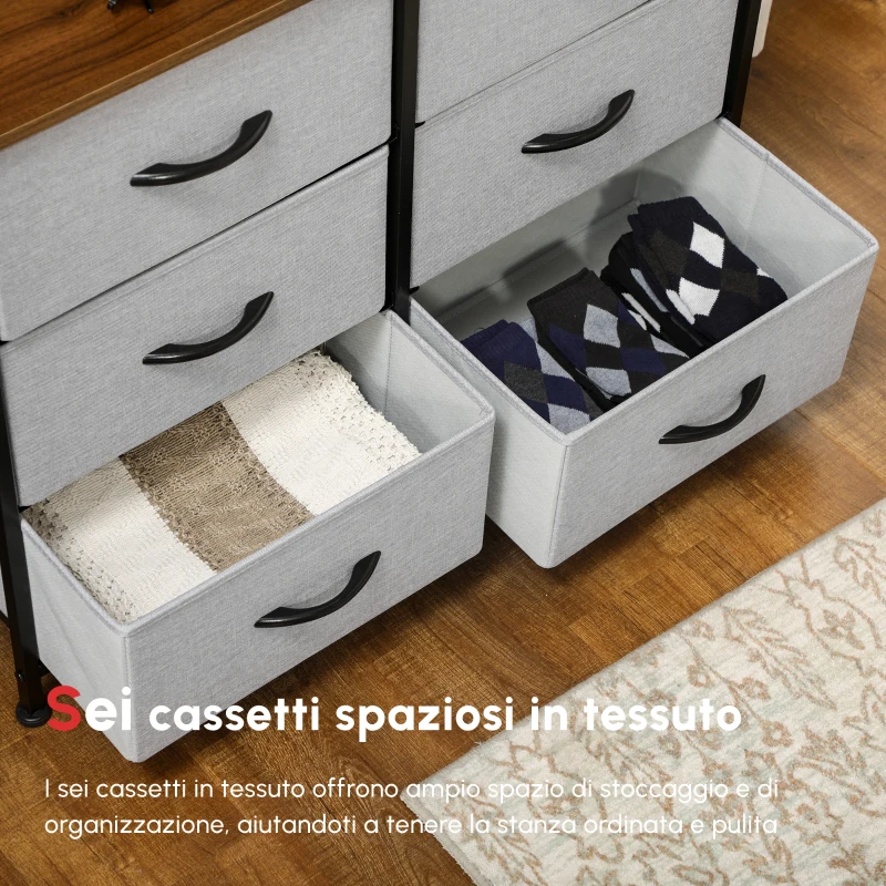HOMCOM Cassettiera 6 Cassetti in Tessuto Rimovibili, in Legno e Acciaio Stile Industriale, 80x30x62.5cm