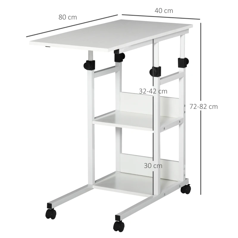 HOMCOM Table d'appoint Bout de canapé Table roulante Table de Lit pour Ordinateur Portable Hauteur réglable - 2 étagères intégrées - cadre métal Blanc