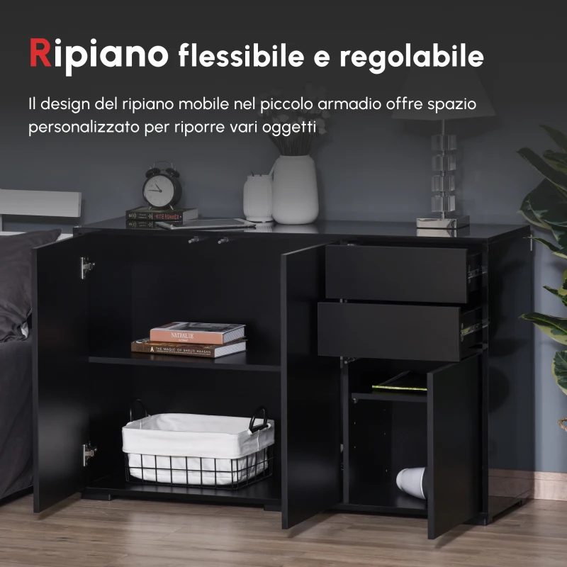 HOMCOM Mobiletto Multiuso Nero con 2 Cassetti e 2 Armadietti ad Apertura a Pressione, 117x36x74cm