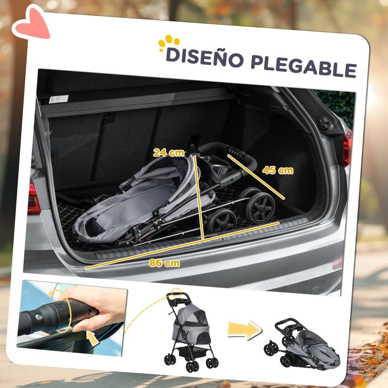 PawHut Carrito para Perros Pequeños con Ruedas Universales Cesta de Almacenaje Correas de Seguridad y Ventanas 67x45x96 cm Gris