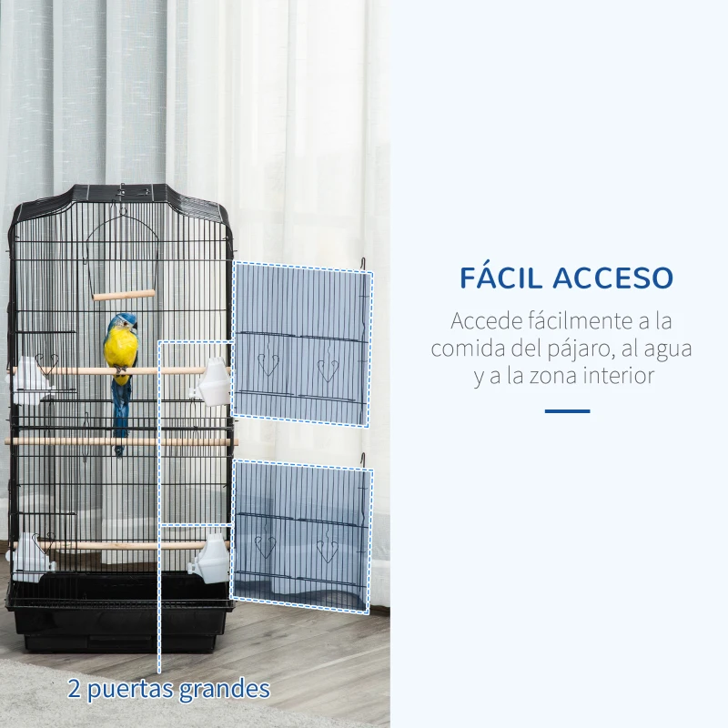 PawHut Jaula para Pájaros Pajarera de Metal con 4 Comederos 3 Perchas Columpio y Bandeja Extraíble 46,5x35,5x92 cm Negro