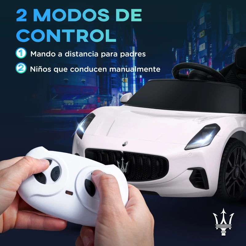 AIYAPLAY Coche Eléctrico Infantil Maserati Gran Turismo Folgore con Batería 12V Mando a Distancia Faros Bocina Música MP3 Blanco