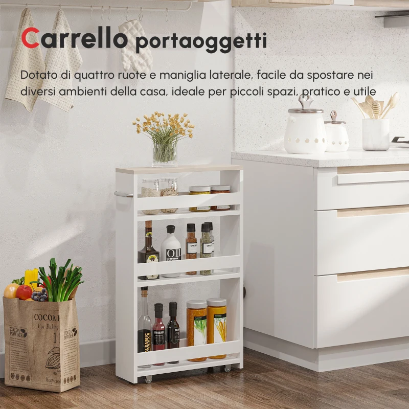 kleankin Carrello Bagno Salvaspazio a 3 Ripiani con Rotelle e Maniglia in Legno, 48x15x80cm, Bianco