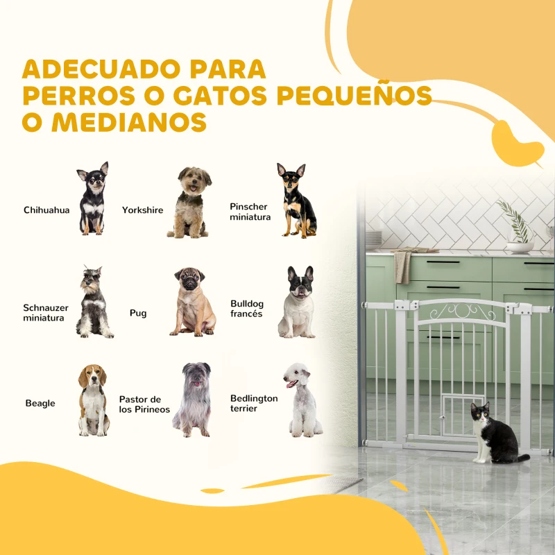 PawHut Barrera de Seguridad para Perros con Ancho Ajustable 76-104 cm con 2 Extensiones para Escalera Puerta Blanco