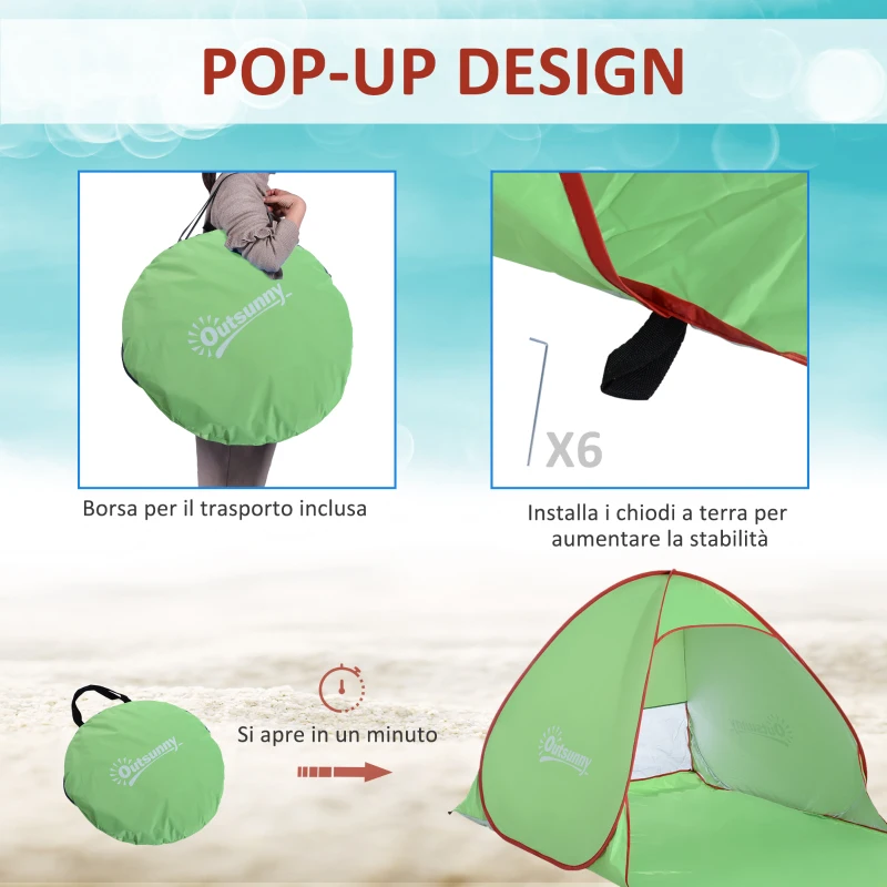 Outsunny Tenda da Spiaggia Pop Up con Protezione UV 30+ e Borsa di Trasporto, 200x150x119 cm, Verde