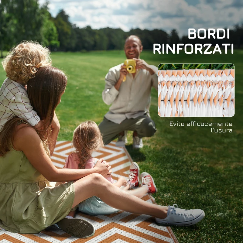 Outsunny Tappeto Esterno per Balcone e Terrazza Reversibile con Fantasia Geometrica, 182x274 cm, Marrone e Bianco