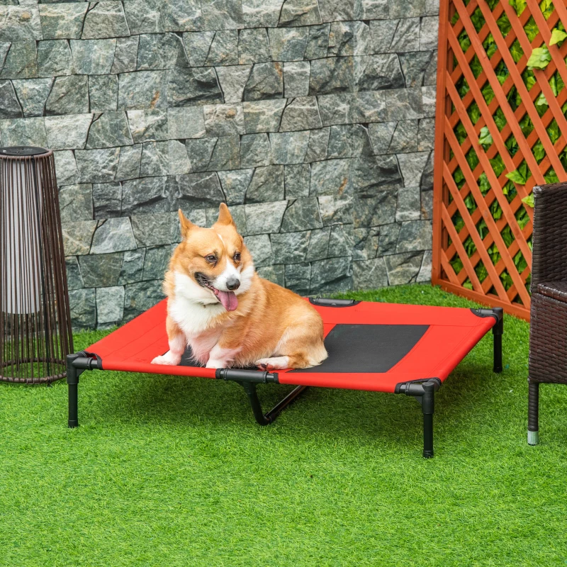 PawHut Cama Elevada para Perros Gatos Portátil Cama para Mascotas con Zona de Malla Transpirable y Tela Oxford para Interior Exterior 91,5x76,2x18 cm Rojo