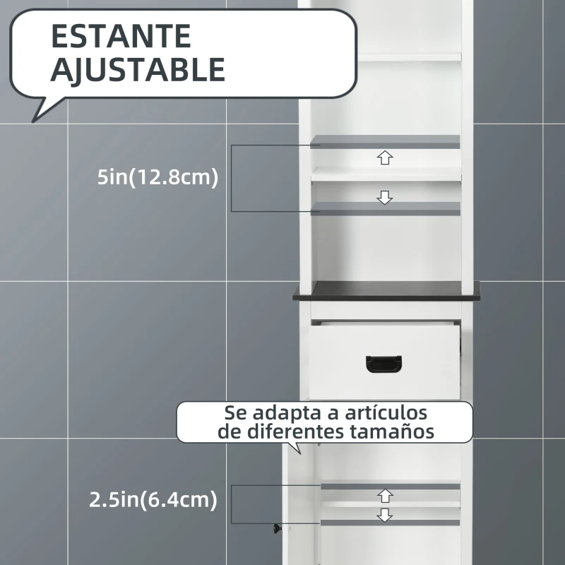 kleankin Columna de Baño con 3 Estantes de Almacenaje Puerta y Cajón para Ducha Aseo Dormitorio 40x30x160 cm Blanco