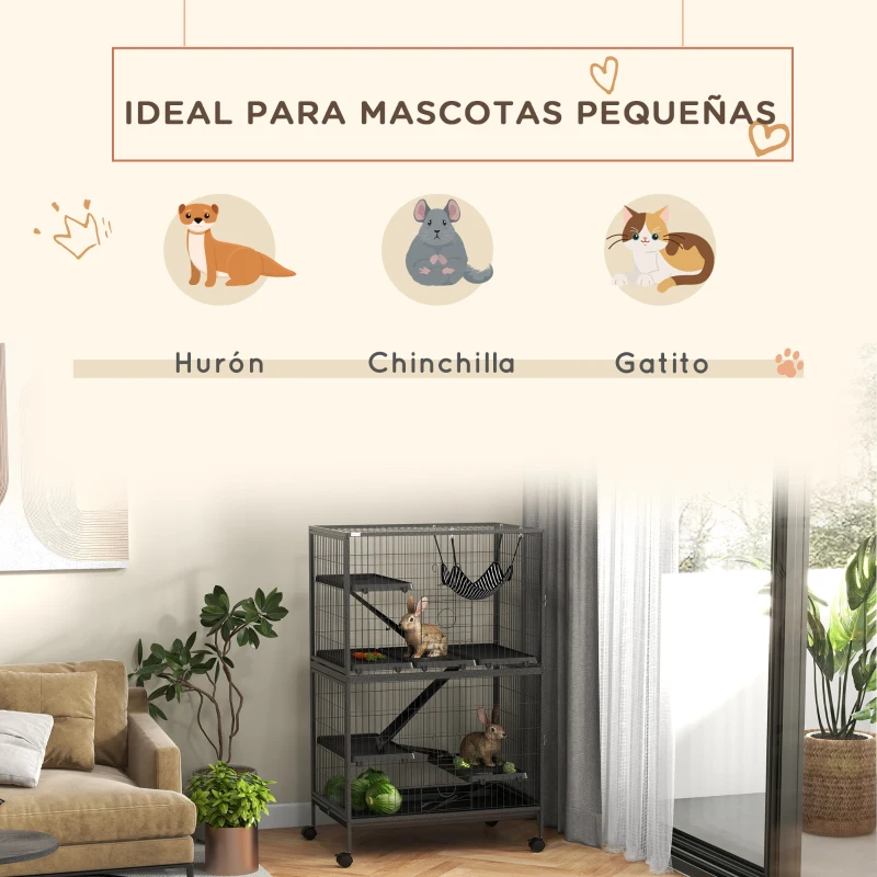 PawHut Jaula para Animales Pequeños con Ruedas Rampas Hamaca y Bandeja Extraíble para Chinchillas Hurones 80x52x128 cm Gris