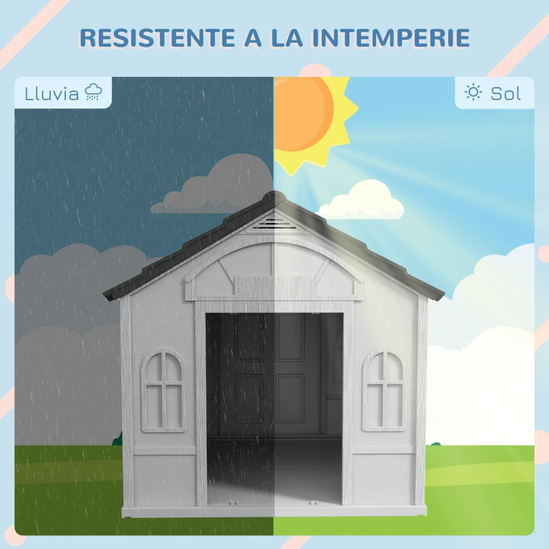 PawHut Casa para Perros 84,2x98,2x82 cm con Patrón de Ventana y Techo de Tejas de Imitación para Perros Grandes Gris y Blanco