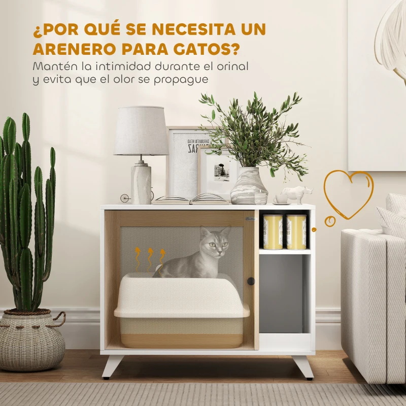 PawHut Mueble Arenero para Gatos con Puerta de Sisal Mesa Auxiliar Estante y Alfombrilla Antiarena 77x50x63 cm Blanco