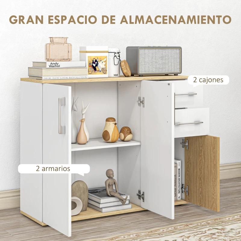 HOMCOM Aparador de Cocina con 2 Cajones 2 Armarios y Estantes Ajustables para Comedor 90x30x75,5 cm Blanco y Natural