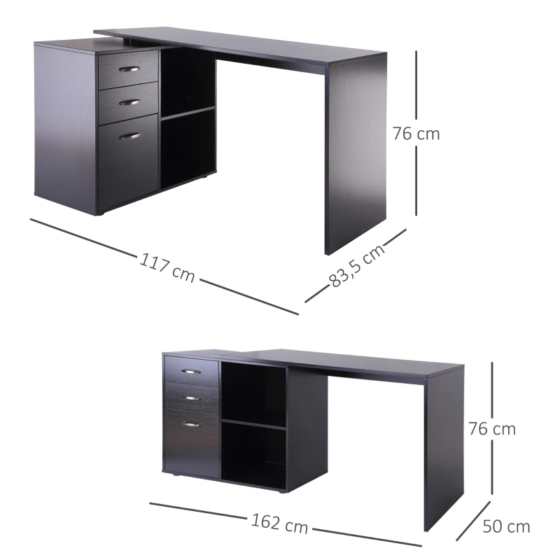 HOMCOM Bureau d'angle bureau droit modulable table de salle à manger 2 en 1 bureau informatique tiroirs x 3 + 2 niches MDF noir