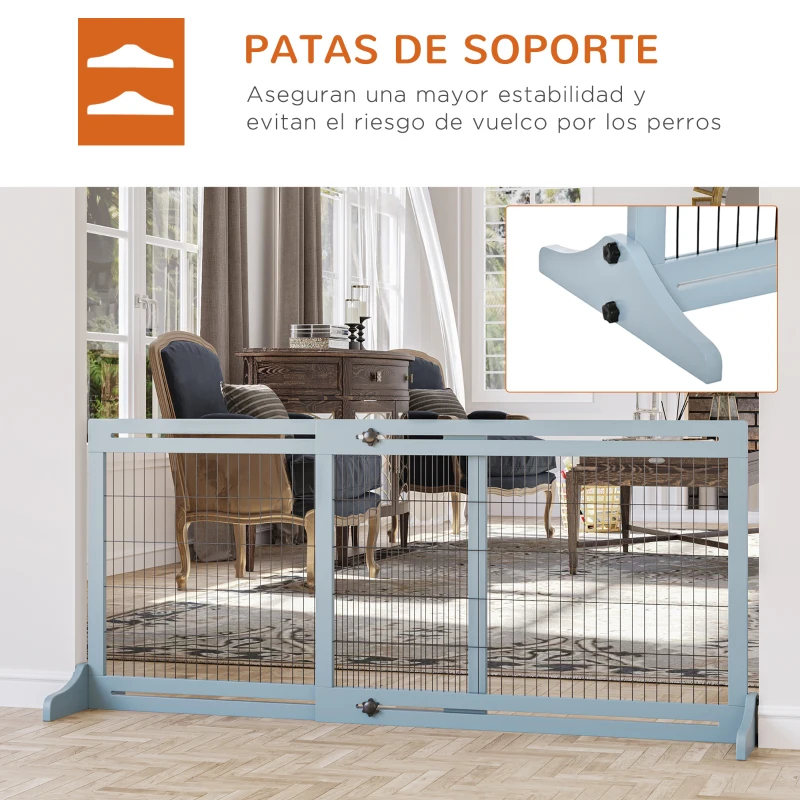 PawHut Barrera de Seguridad para Perros Extensible Barrera para Perros en Casa de Madera 104-183x36x69 cm Azul Grisáceo