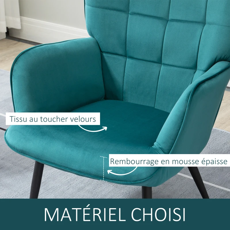 HOMCOM Fauteuil relax avec repose-pieds assorti style scandinave piètement métal noir revêtement aspect velours - Bleu