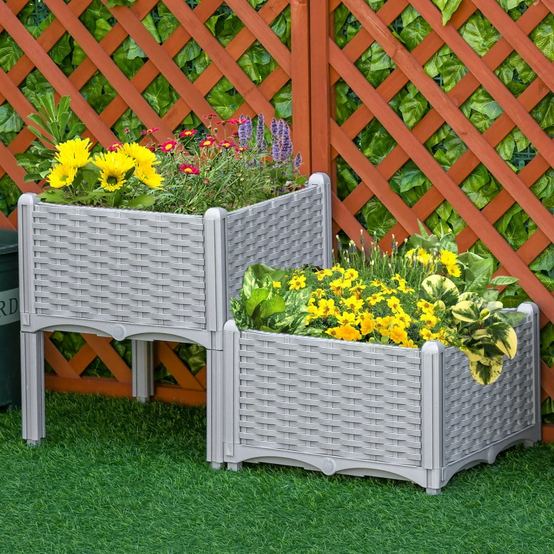 Outsunny Juego de 2 Jardineras de Exterior Cuadradas Imitación a Mimbre Combinación Libre para Jardín Patio 40x40x26/44 cm Gris