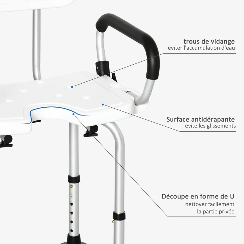 HOMCOM Chaise de douche, tabouret de douche réglable en hauteur avec dossier et accoudoirs rabattables, assise U, pieds antidérapants à ventouses, pour personnes âgées et handicapées, alu HDPE, blanc