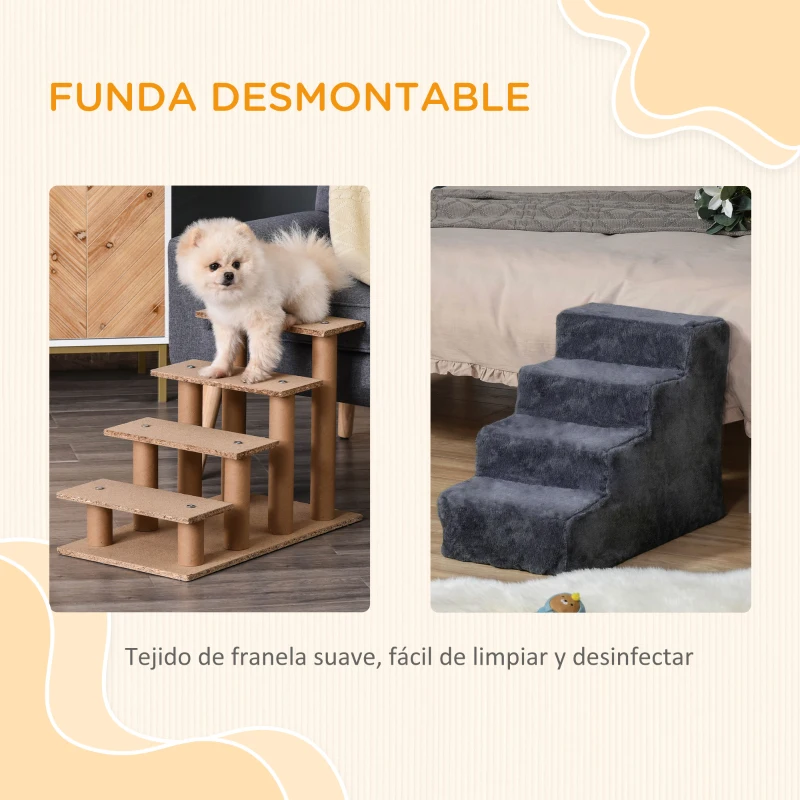 PawHut Escalera para Mascotas de 4 Peldaños con Funda Extraíble y Lavable para Cama Sofá 60x35x44 cm Gris Oscuro