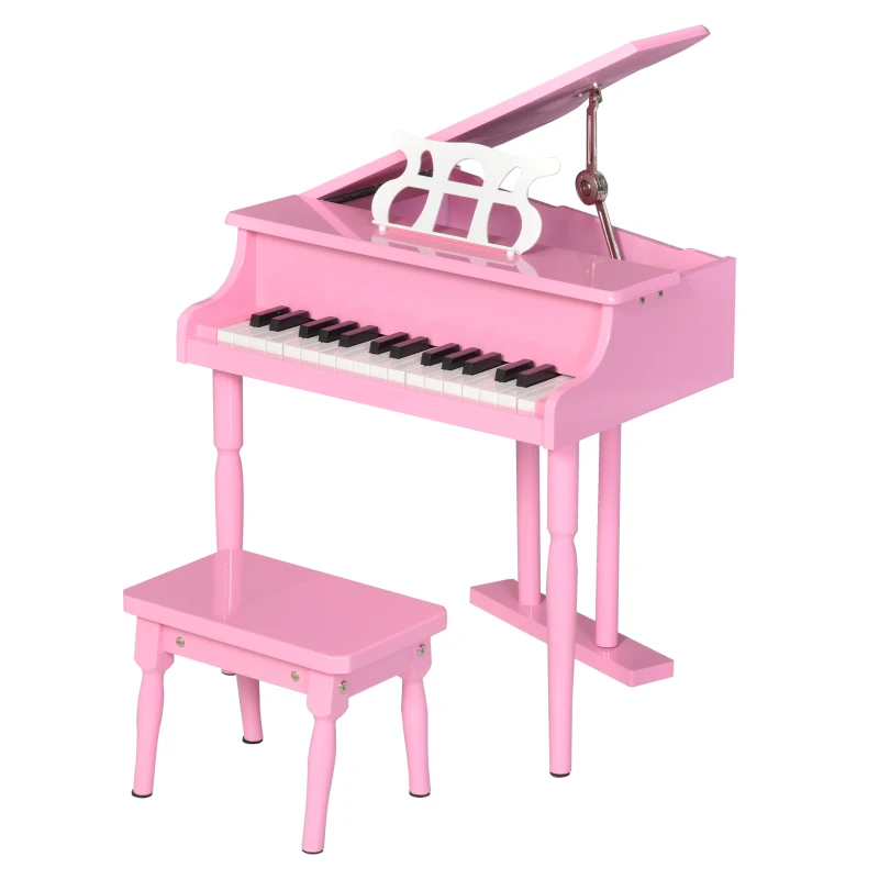 HOMCOM Piano de Cola Infantil de MDF con 30 Teclas Taburete y Atril de Partituras Piano para Niños Instrumento Musical Didáctico 52x50x49 cm Rosa