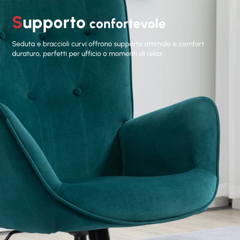 HOMCOM Poltrona per Ufficio e Salotto in Velluto, Girevole con Braccioli e Altezza Regolabile, Blu
