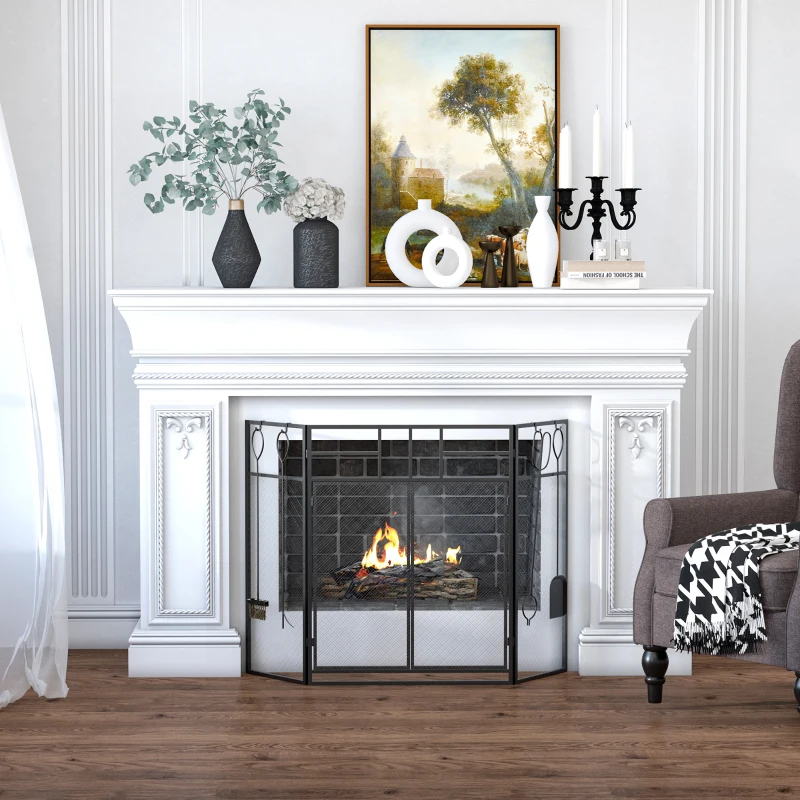 HOMCOM Salvachispas para Chimenea Protector de Chimenea Plegable con Paneles con Doble Puerta 4 Herramientas Estructura de Metal y Ganchos 106x79 cm Negro