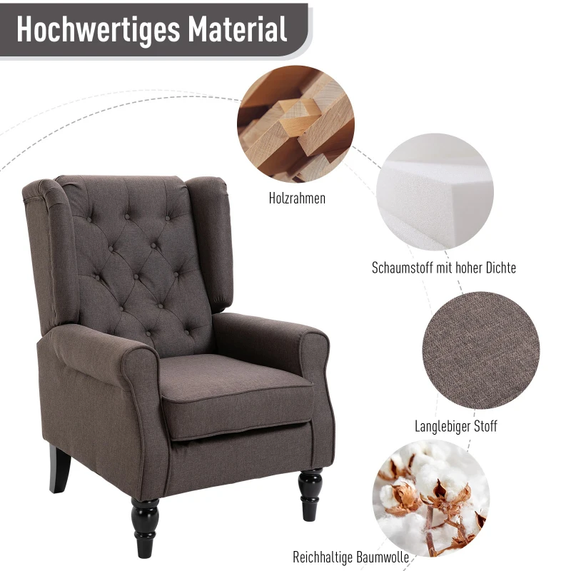 HOMCOM Ohrensessel Sessel mit Tufting, hoher Rückenlehne, Gepolstert Loungesessel mit abgerundeten Armlehnen, Holzbeine, für Schlafzimmer, Wohnzimmer, bis 160 kg, Braun