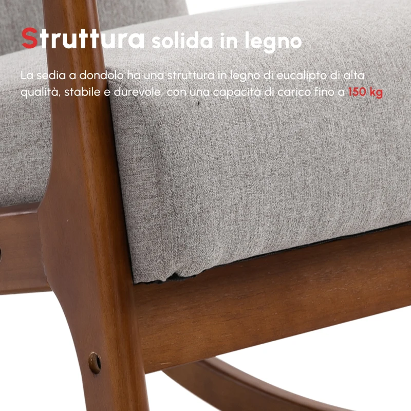 HOMCOM Poltrona a Dondolo Imbottita, Design Vintage in Legno e Poliestere Grigio, per Interni, Ufficio, Soggiorno, 64x86x80cm