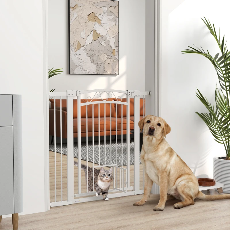 PawHut Puerta para Perros con Ancho Ajustable 76-104 cm 2 Extensiones Doble Bloqueo y Puerta Pequeña Blanco