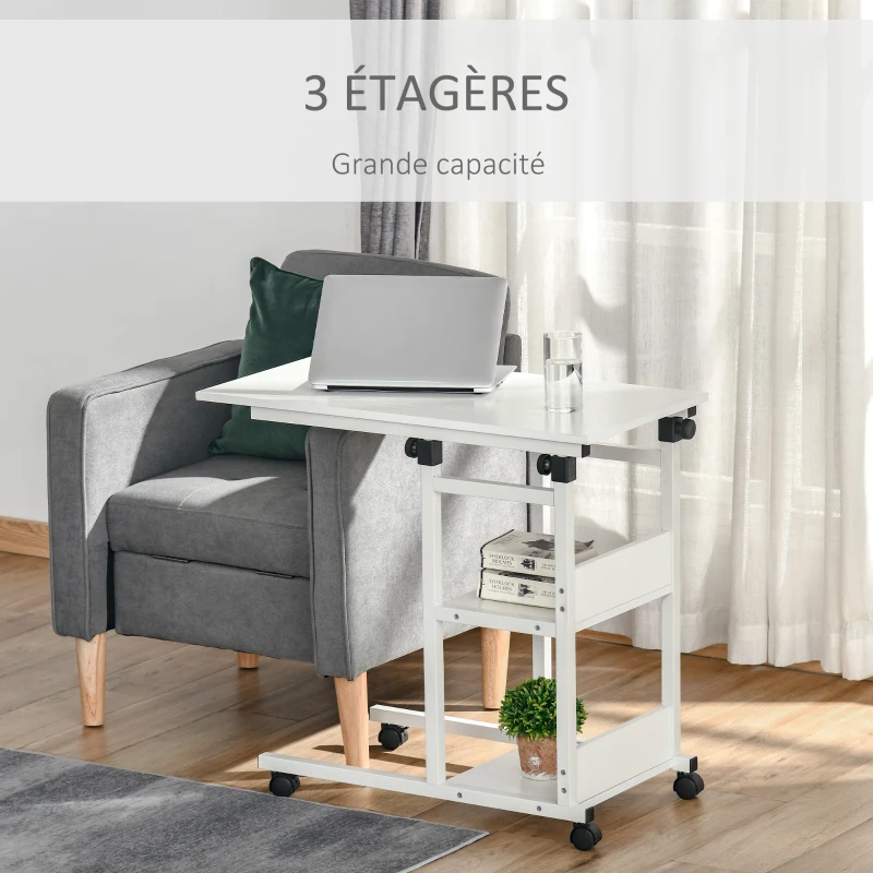 HOMCOM Table d'appoint Bout de canapé Table roulante Table de Lit pour Ordinateur Portable Hauteur réglable - 2 étagères intégrées - cadre métal Blanc