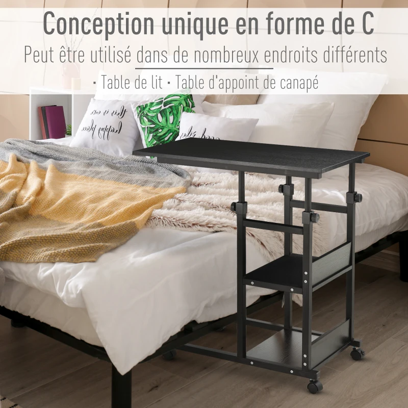 HOMCOM Table d'appoint Bout de canapé Table roulante Table de Lit pour Ordinateur Portable Hauteur réglable - 2 étagères intégrées - cadre métal Noir