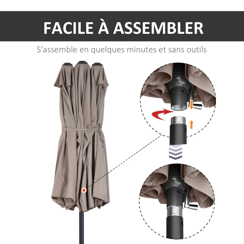 Outsunny Parasol de jardin exterieur parasol double rectangulaire 4,6L x 2,7l x 2,4H m avec ouverture fermeture manivelle, cadre en acier, toile 180 g/m², parasol pour balcon, piscine, marron