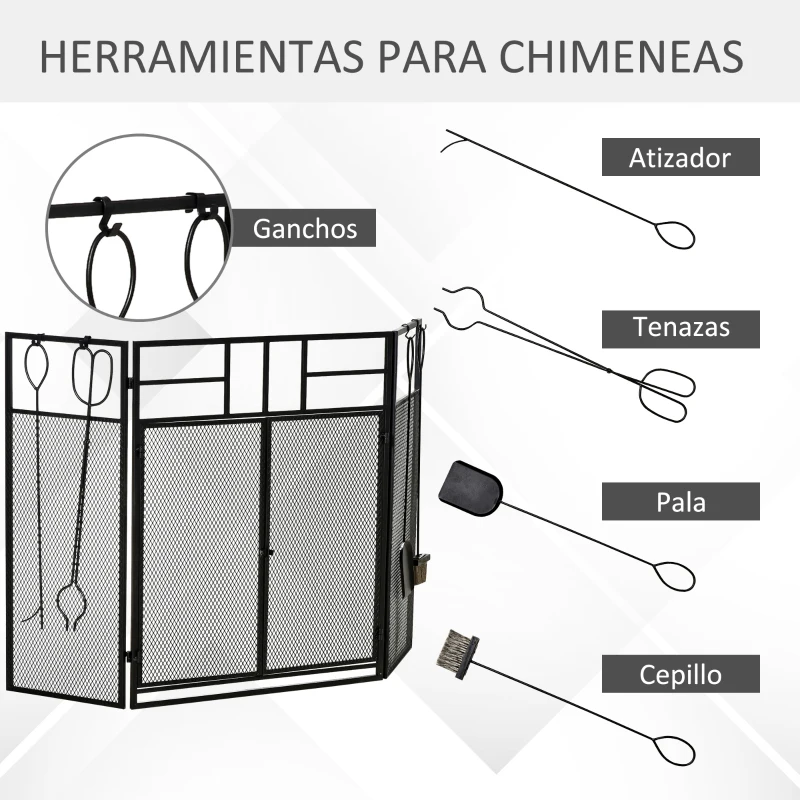 HOMCOM Salvachispas para Chimenea Protector de Chimenea Plegable con Paneles con Doble Puerta 4 Herramientas Estructura de Metal y Ganchos 106x79 cm Negro