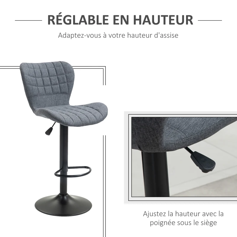 HOMCOM Lot de 2 Tabouret de Bar Design Dossier incurvé capitonné Hauteur d'assise réglable 61-81 cm pivotant 360° Repose-Pied Velours Gris