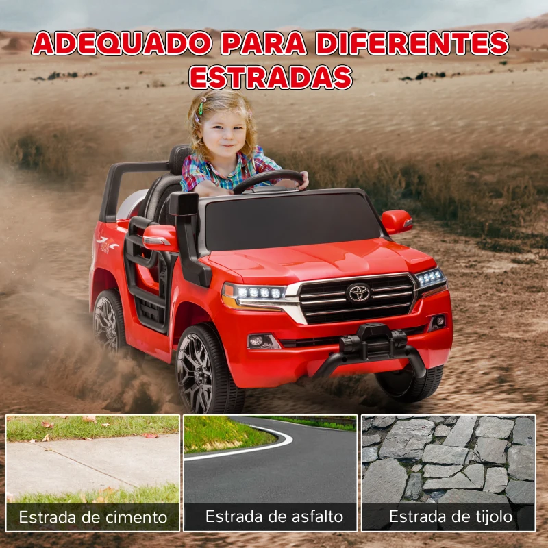 AIYAPLAY Carro Elétrico para Crianças Toyota Land Cruiser 12V com Faróis Buzina Arranque Lento e Música MP3 107x65x55,5 cm Vermelho