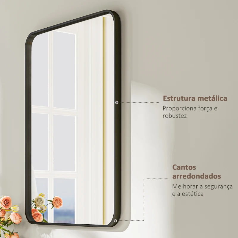 HOMCOM Espelho Casa de Banho 60x80 cm Espelho de Parede com Estrutura de Metal Vertical e Horizontal para Entrada Preto