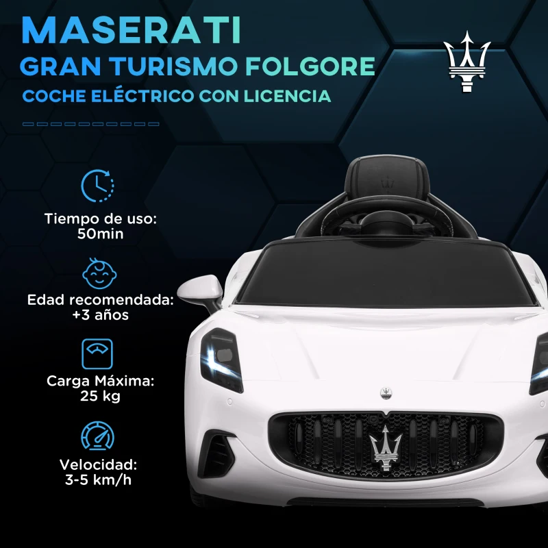 AIYAPLAY Coche Eléctrico Infantil Maserati Gran Turismo Folgore con Batería 12V Mando a Distancia Faros Bocina Música MP3 Blanco