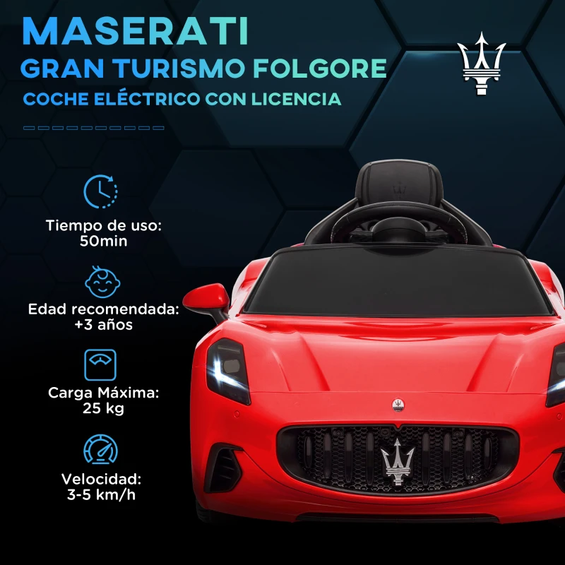 AIYAPLAY Coche Eléctrico Infantil Maserati Gran Turismo Folgore con Batería 12V Mando a Distancia Faros Bocina y Música MP3 Rojo