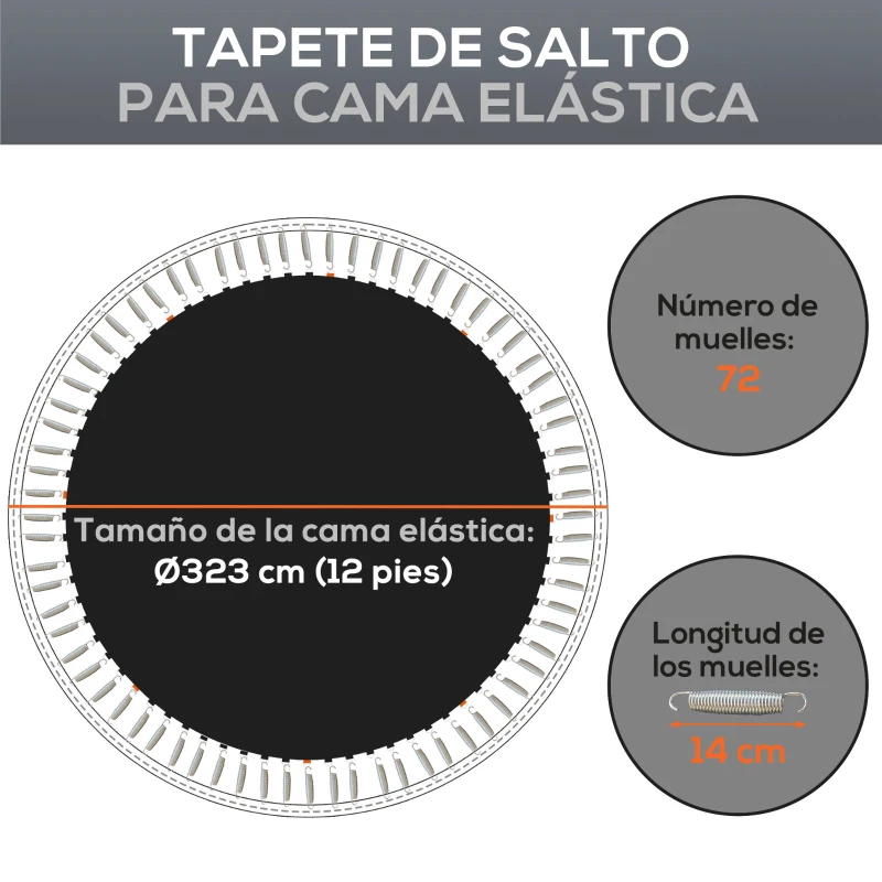 SPORTNOW Tapete de Repuesto para Trampolín Ø323 cm Colchoneta para Trampolín de 12 Pies con 72 Enganches Negro