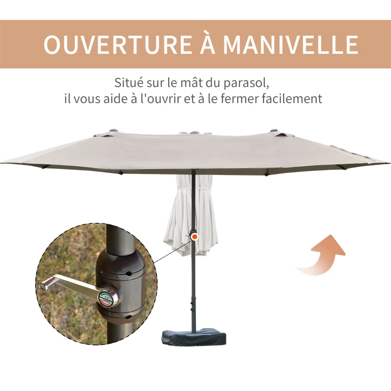 Outsunny Parasol de jardin exterieur parasol double rectangulaire 4,6L x 2,7l x 2,4H m avec ouverture fermeture manivelle, sacs de lestage et base inclus, pour balcon, piscine, gris clair