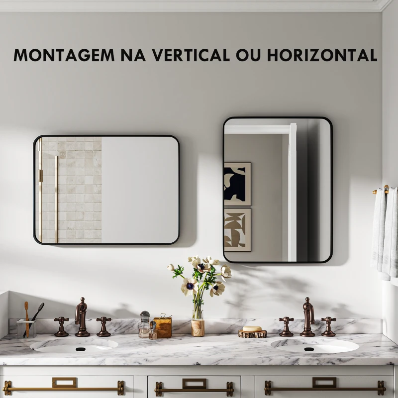 HOMCOM Espelho Casa de Banho 60x80 cm Espelho de Parede com Estrutura de Metal Vertical e Horizontal para Entrada Preto