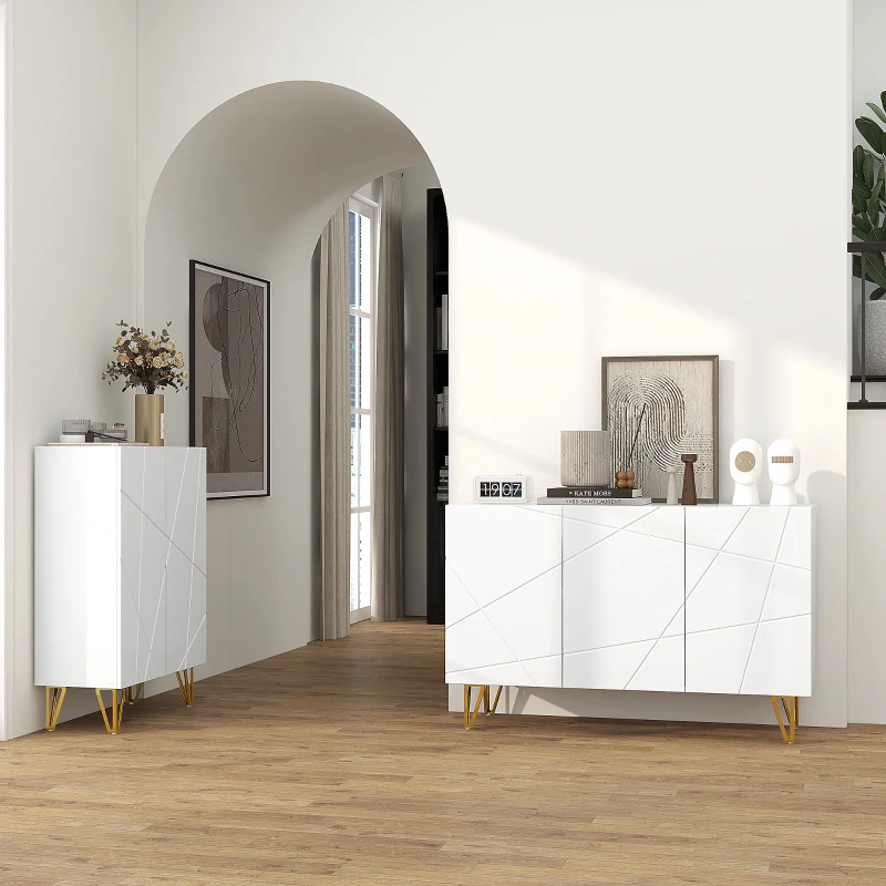 HOMCOM Aparador de Entrada con 3 Puertas y Estantes Ajustables para Cocina Sala 120x40x75 cm Blanco Brillante(m-9)