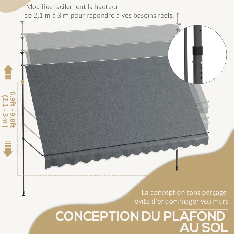Outsunny Store banne autoportant manuel rétractable 3,5L x 1,2l x 2,1-3H m inclinaison réglable métal alu polyester gris foncé