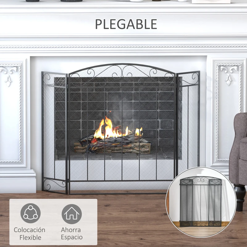 HOMCOM Salvachispas para Chimenea 105x80,5 cm Pantalla para Chimenea Plegable de 3 Paneles Protector de Chimenea Negro