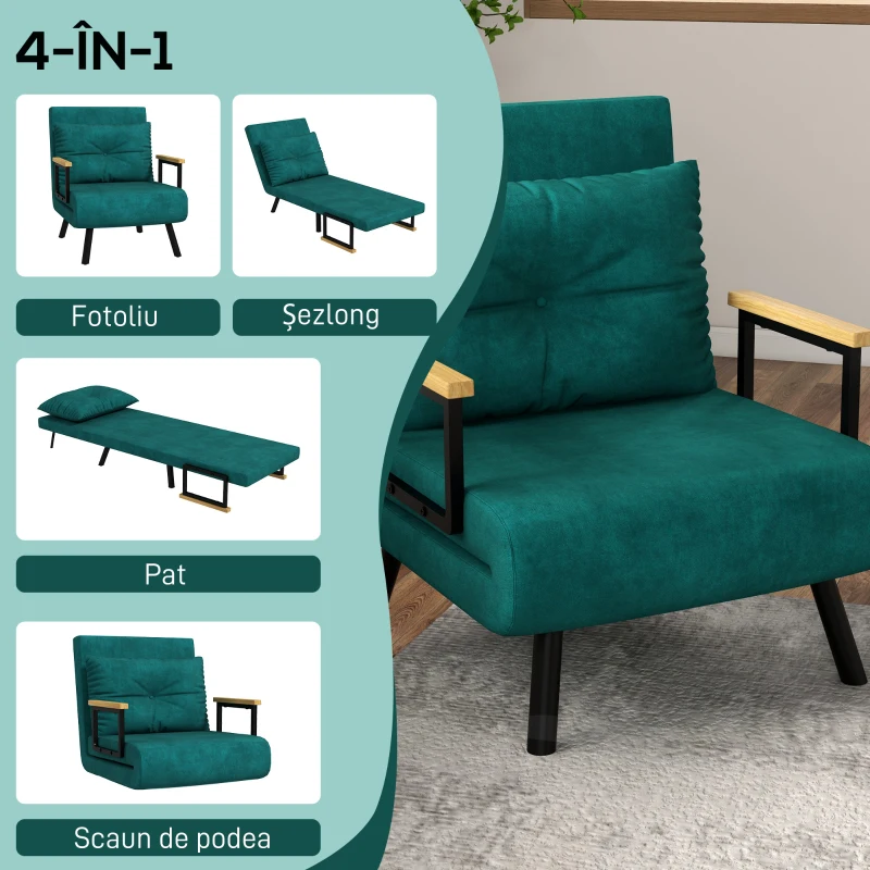 HOMCOM Canapea Extensibilă cu Spătar Reglabil pe 5 Nivele, Canapea Pat Individuală Pliabilă cu Perne, 63x73x81 cm, Verde(m-4)