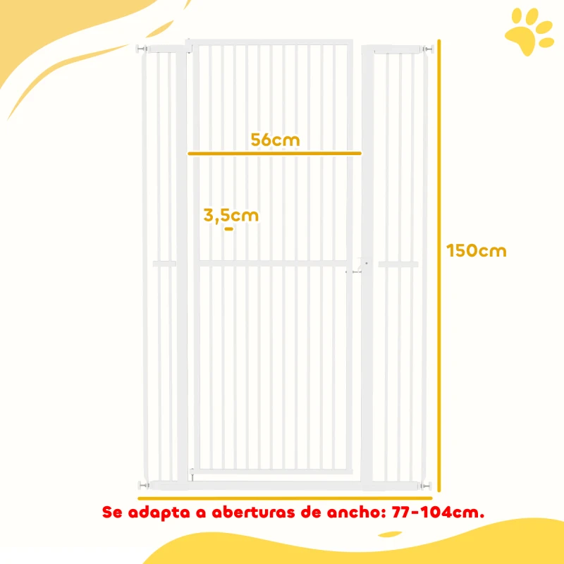 PawHut Barrera para Perros Extra Alta con Ancho Ajustable 77-104 cm Puerta para Perros con Extensiones y Puerta de Paso Blanco