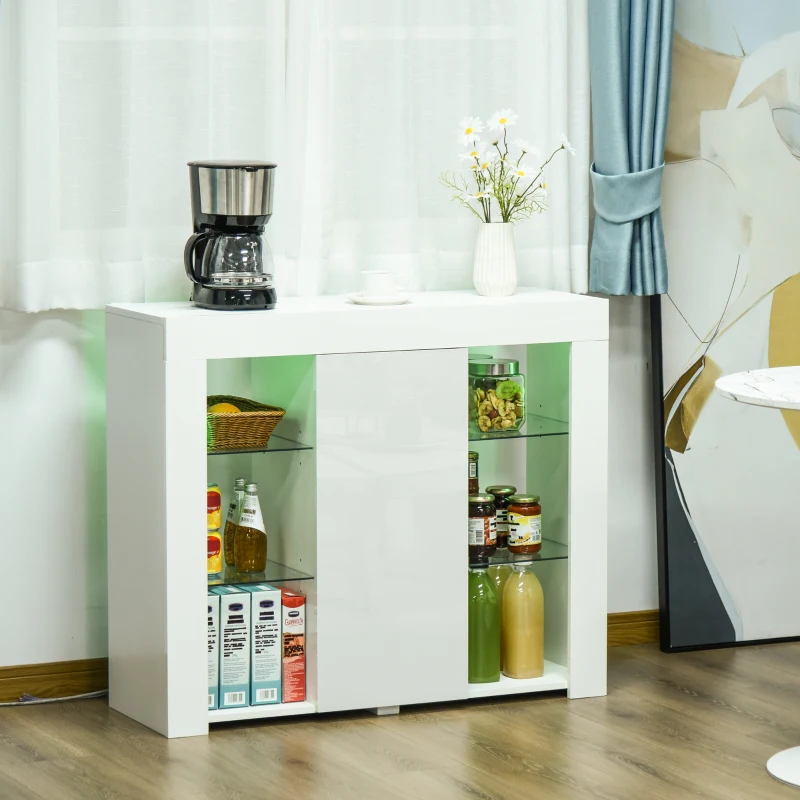 HOMCOM Aparador Moderno con Luces LED Mueble Buffet con 1 Puerta de Alto Brillo Cierre a Presión Estantes Ajustables y Control Remoto 97x35x83 cm Blanco