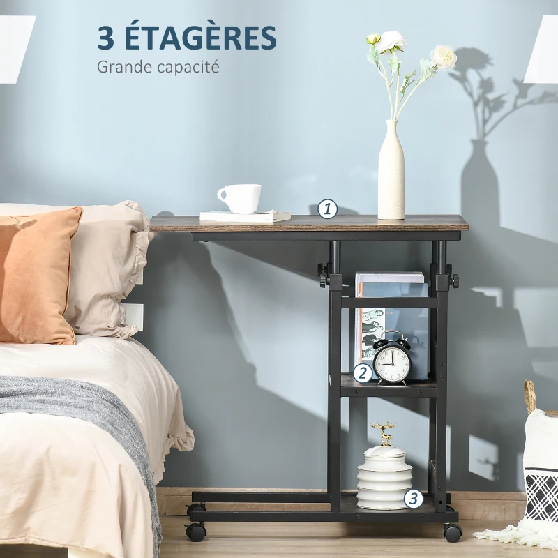 HOMCOM Table d'appoint Bout de canapé Table roulante Table de Lit pour Ordinateur Portable Hauteur réglable - 2 étagères intégrées - cadre métal Marron