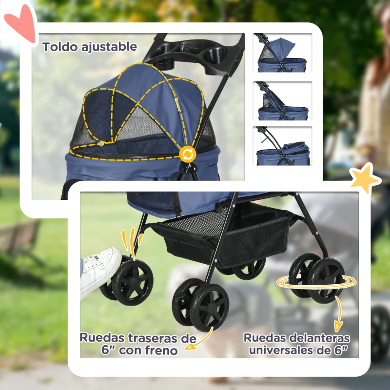 PawHut Carrito para Perros Pequeños con Ruedas Universales Cesta de Almacenaje Correas de Seguridad y Ventanas 67x45x96 cm Azul